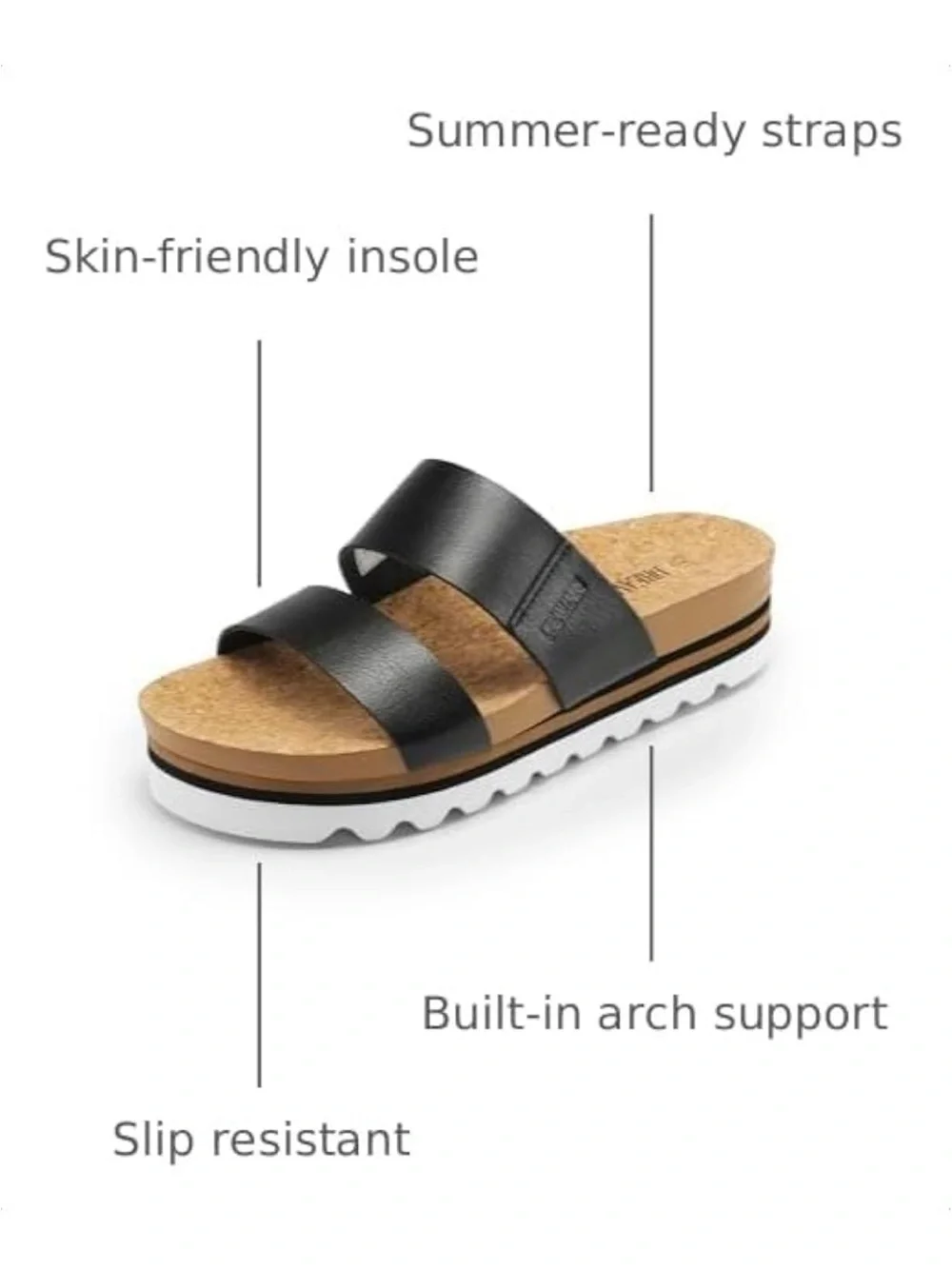Reef Women’s Black Dual-Strap Cork Slide Sandals with White Outsole,cushion soul